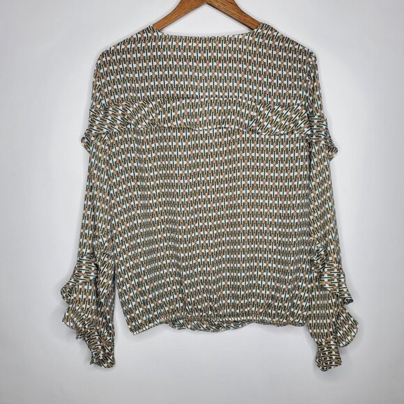 Max Studio Womens XL Green Geometric Crossover Blouse Size XL Ruffled V Neck - Picture 2 of 8